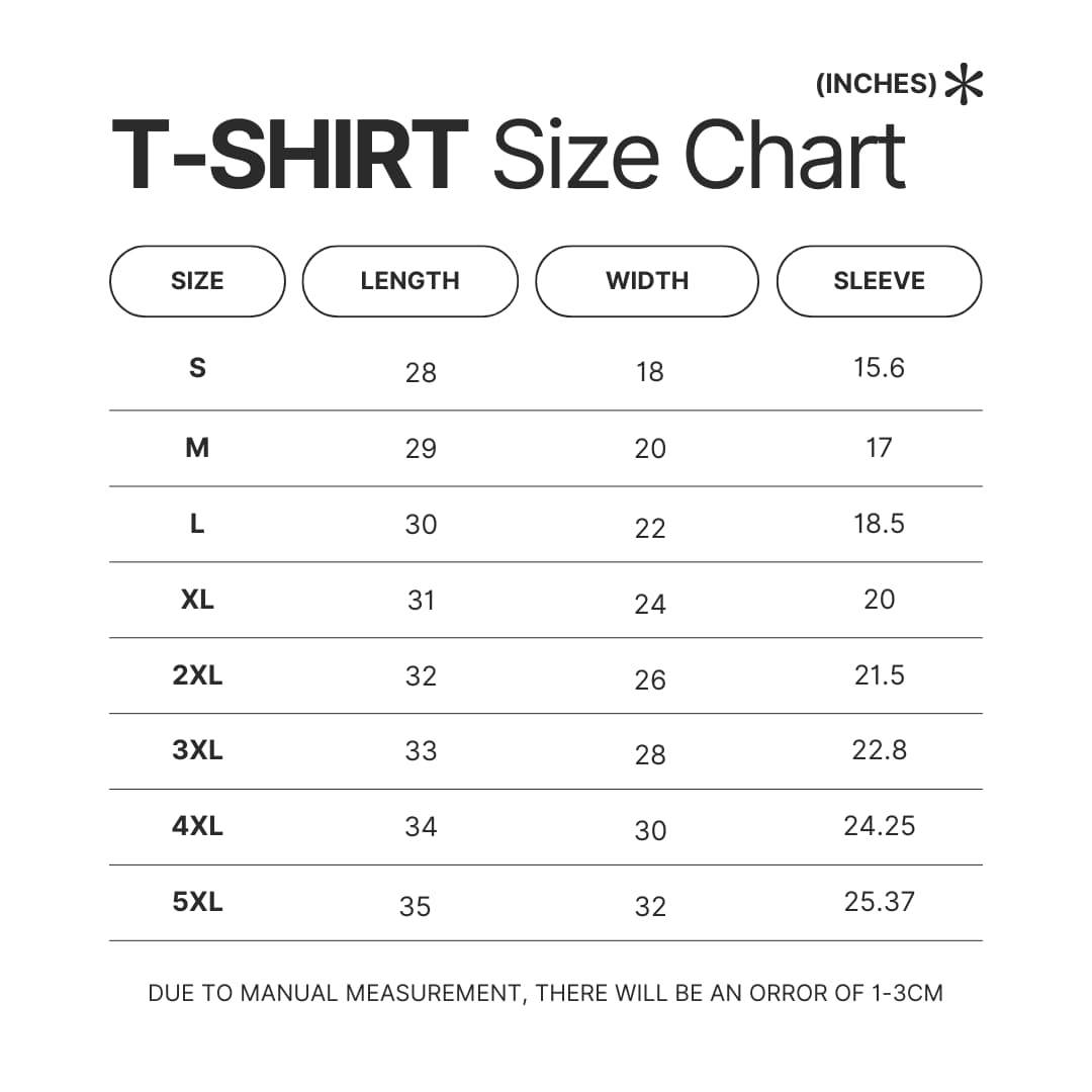 T shirt Size Chart - Persona Merch